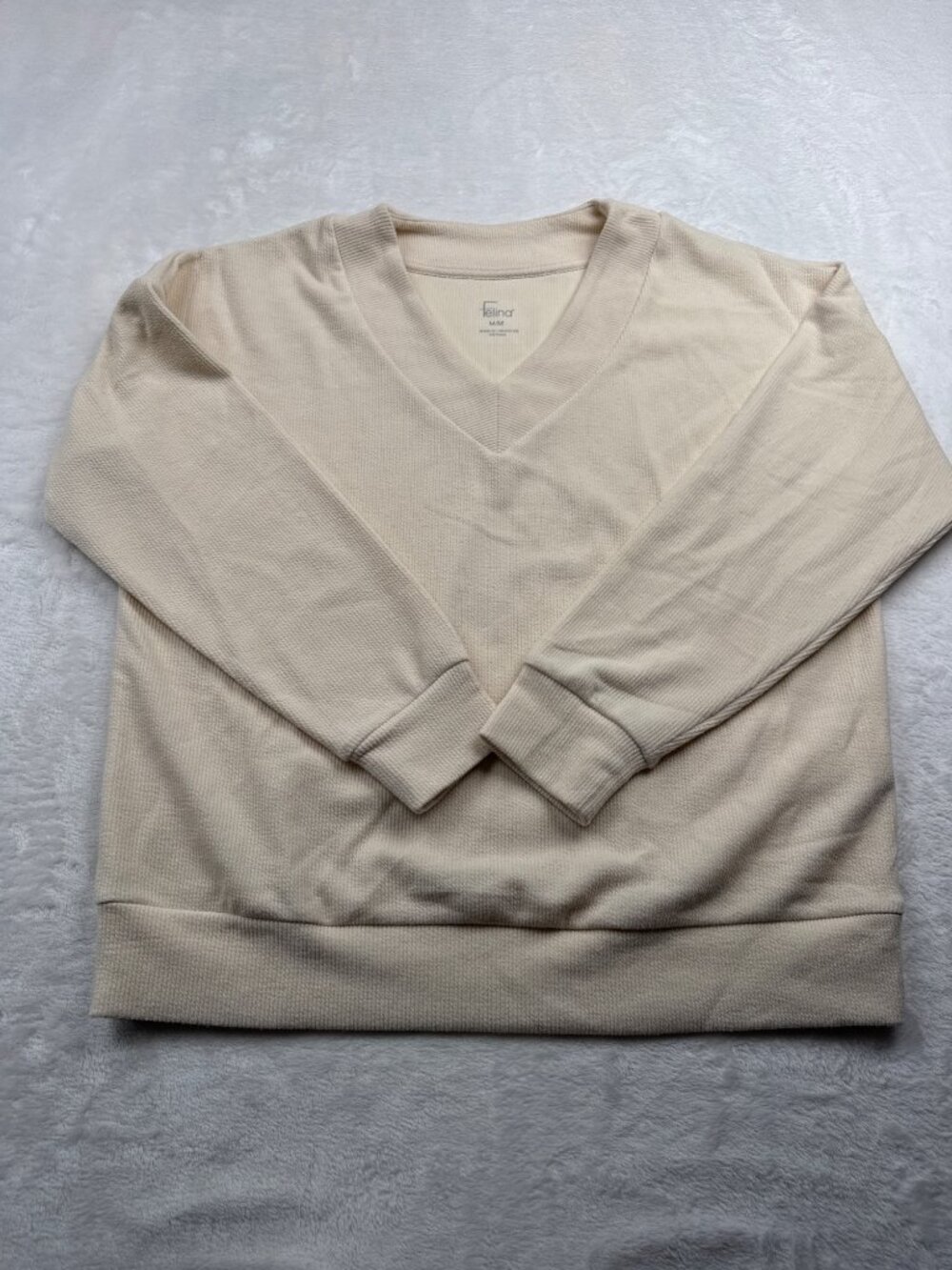 Felina Womens Beige V-Neck Waffle Knit Sweater M/M Polyester Blend